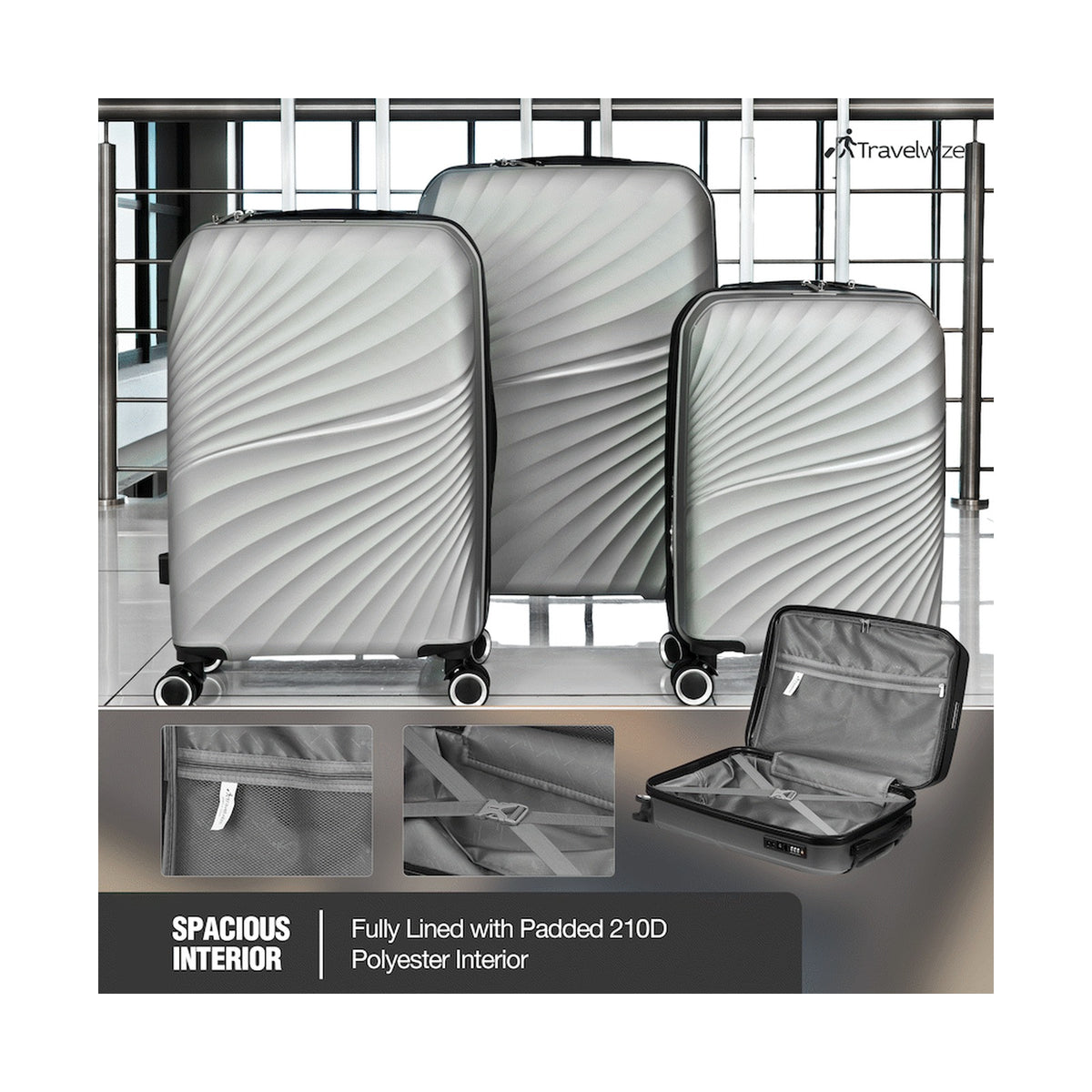 Travelwize Quartz PP 4-Wheels Spinner 3Pc Luggage Set Silver