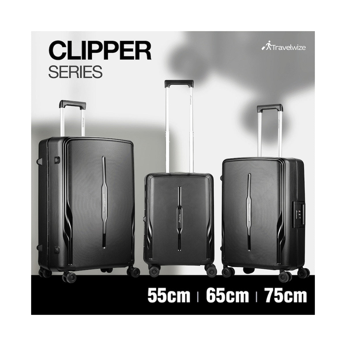 Travelwize Clipper PP 3Pc 4-Wheel Spinner Luggage Set Black