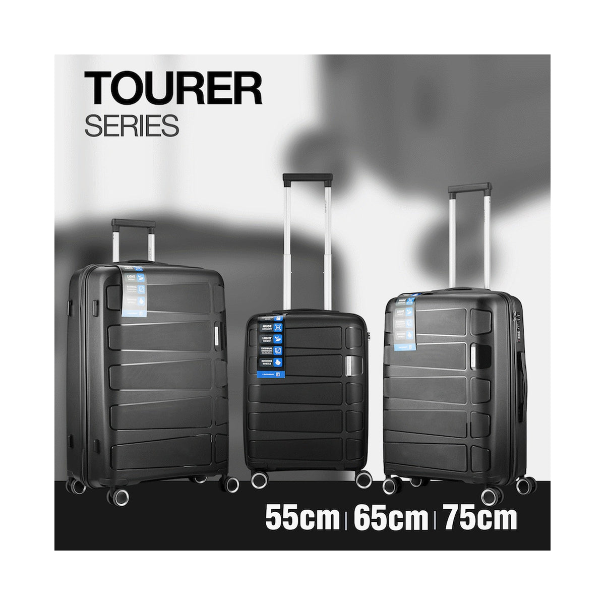 Travelwize Tourer PP 3Pc 4-wheel Spinner Luggage Set Black