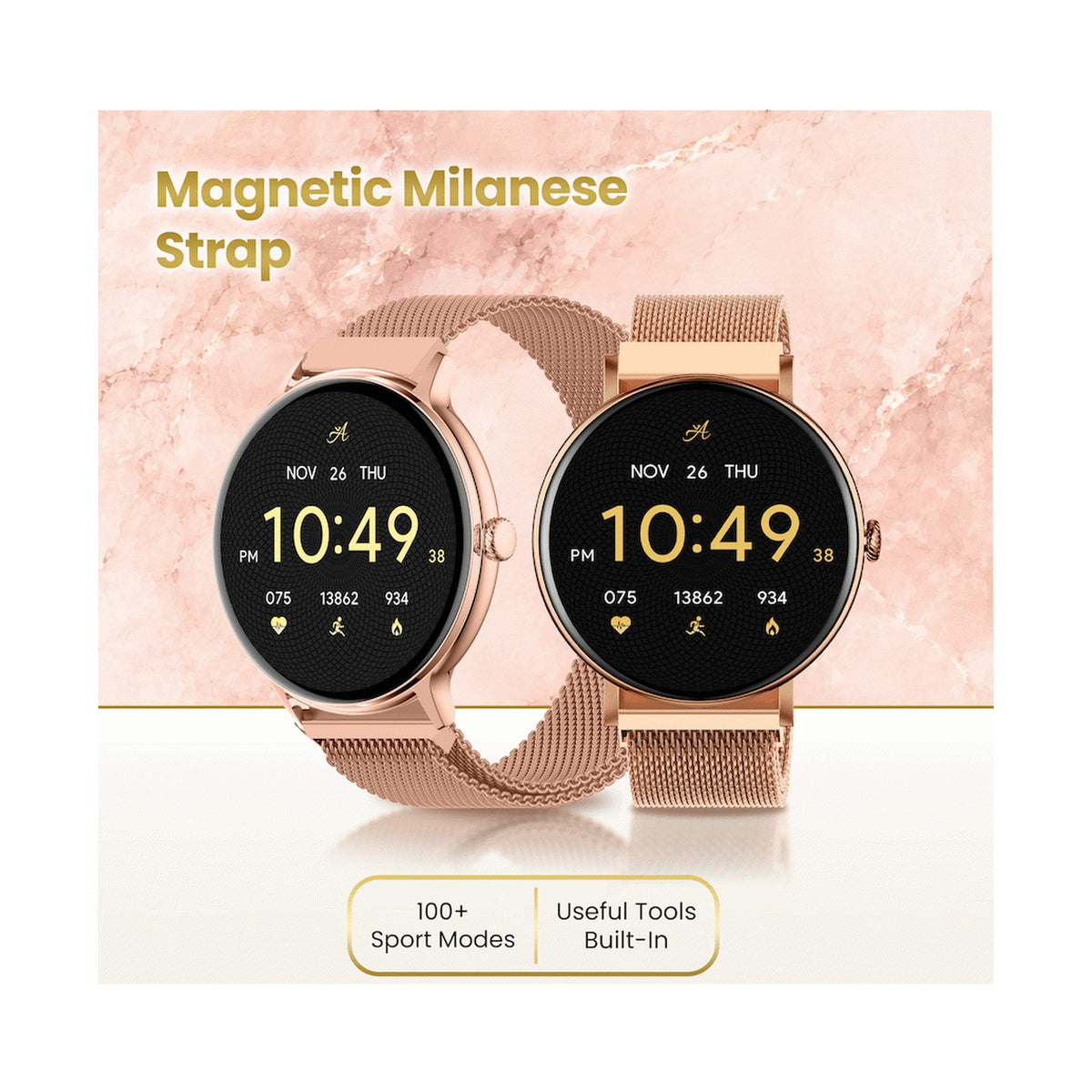 Volkano Ayla Collection Smartwatch with Extra Silicone Strap - Gold