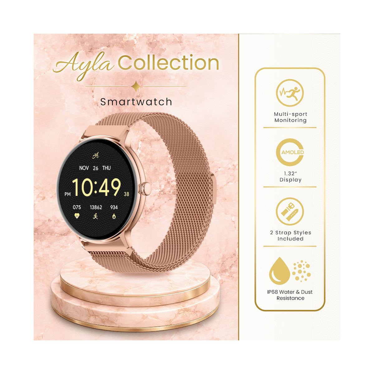 Volkano Ayla Collection Smartwatch with Extra Silicone Strap - Gold