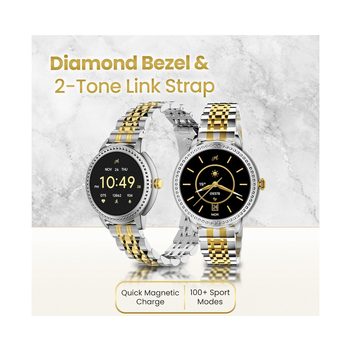 Volkano Ayla Collection Round Smartwatch With 2 Colour Metal link Strap