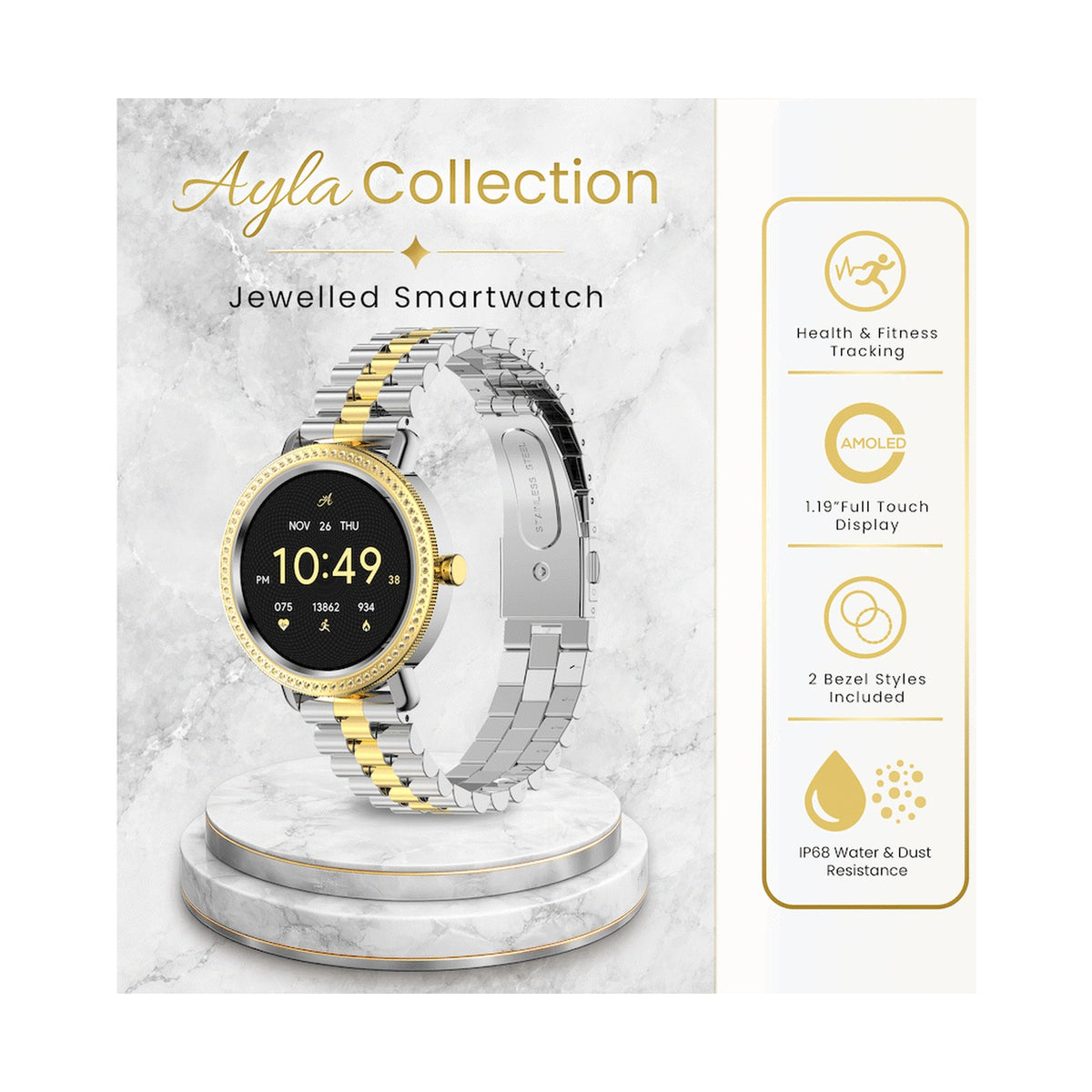 Volkano Ayla Collection Jewelled Smartwatch With 2 Colour Metal link strap