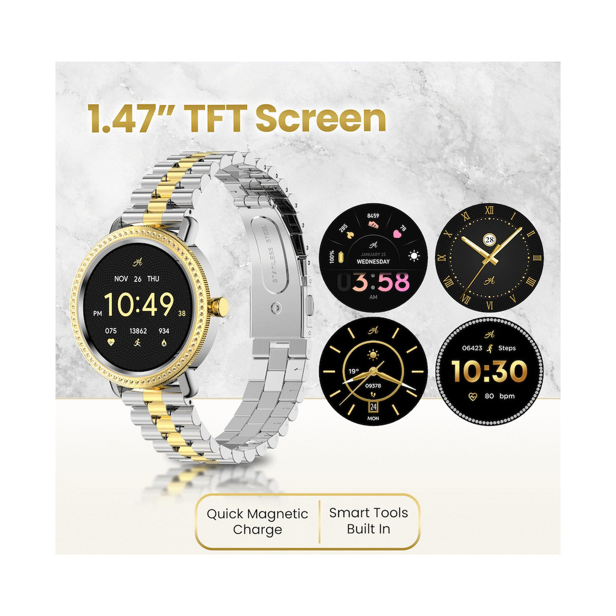 Volkano Ayla Collection Jewelled Smartwatch With 2 Colour Metal link strap