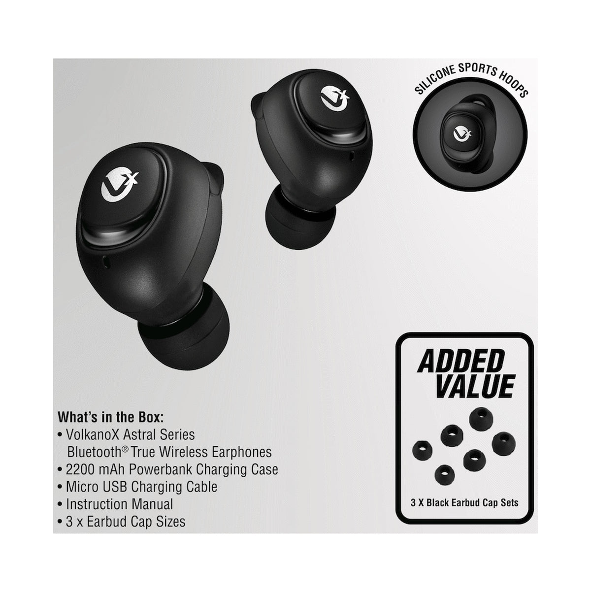 VolkanoX Astral Series True Wireless Earphones with Power Bank Charging Case - Black