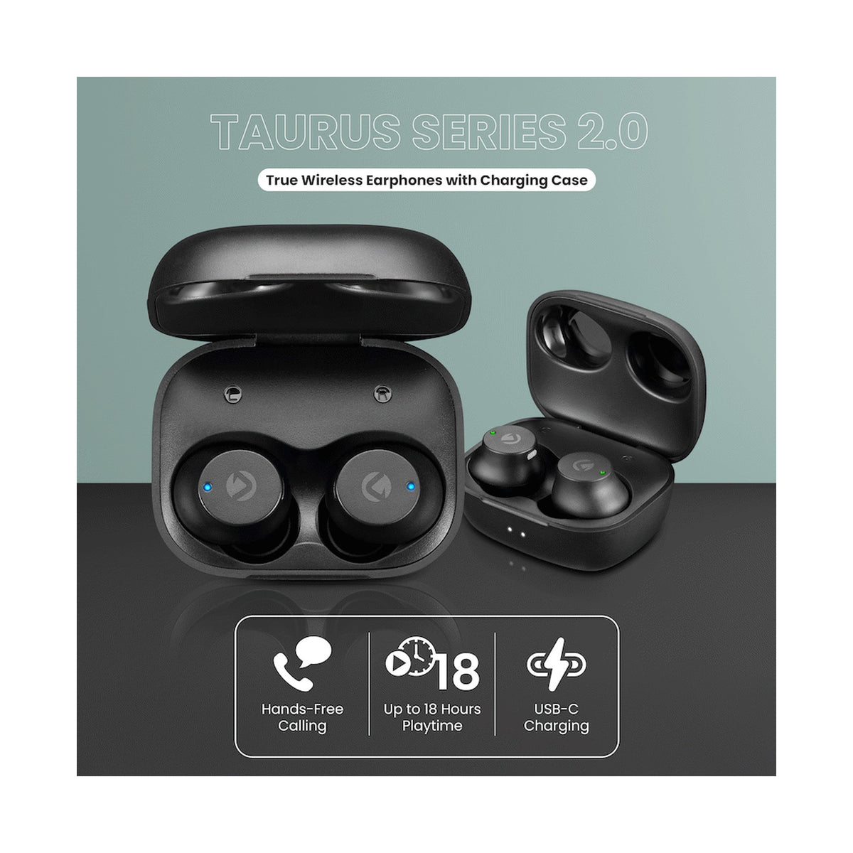 Volkano Taurus Series 2.0 True Wireless Earphones with Charging Case - Black