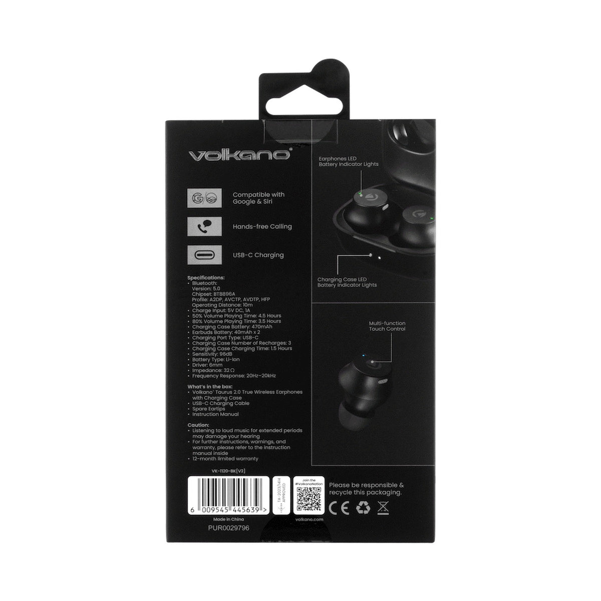 Volkano Taurus Series 2.0 True Wireless Earphones with Charging Case - Black