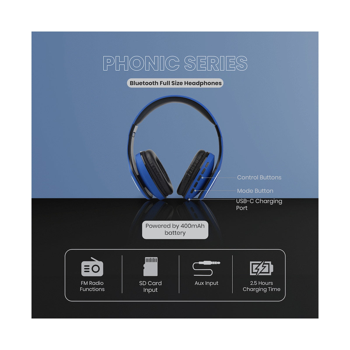 Volkano Phonic Series Bluetooth Full Size Headphones - Blue