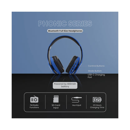 Volkano Phonic Series Bluetooth Full Size Headphones - Blue