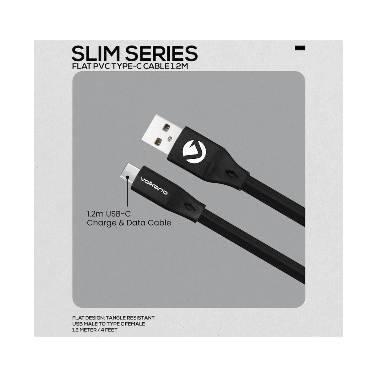 Volkano Slim Series Flat PVC Type-C Cable 1.2m - Black