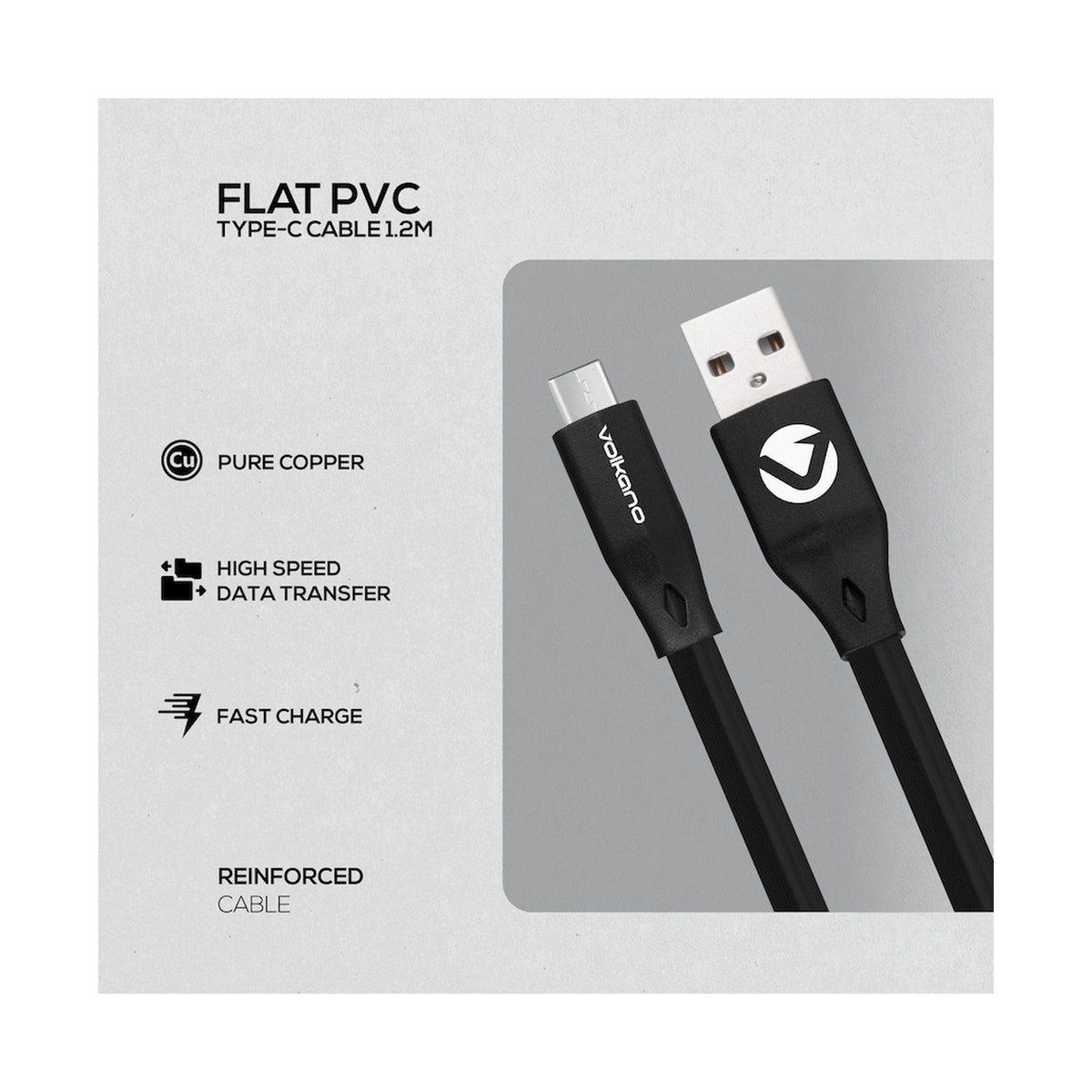Volkano Slim Series Flat PVC Type-C Cable 1.2m - Black
