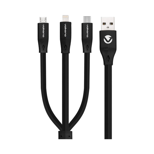 Volkano Slim Series Flat PVC 3-in-1 (Type-C / Lightning / Micro) Cable 30W 1m- Black