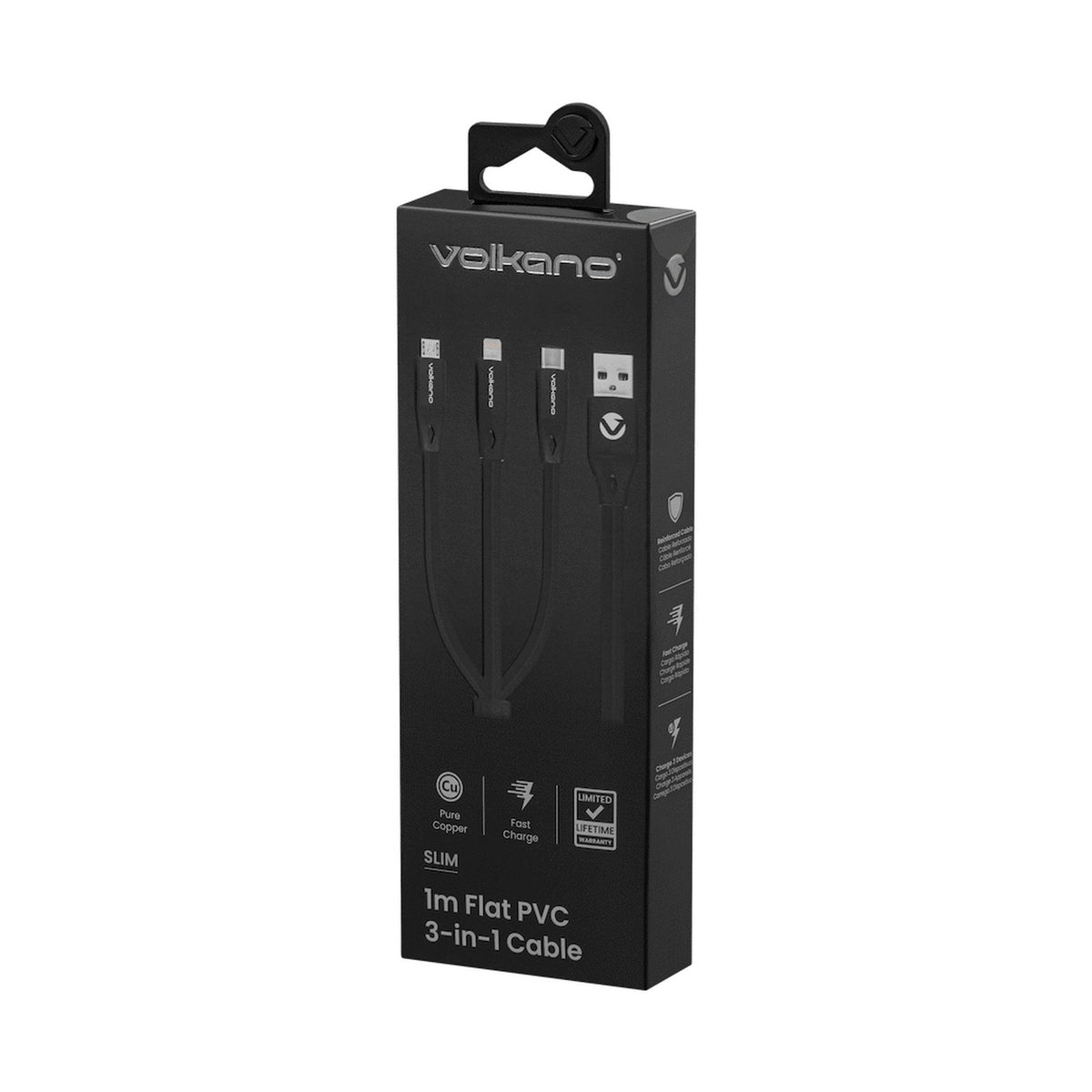 Volkano Slim Series Flat PVC 3-in-1 (Type-C / Lightning / Micro) Cable 30W 1m- Black