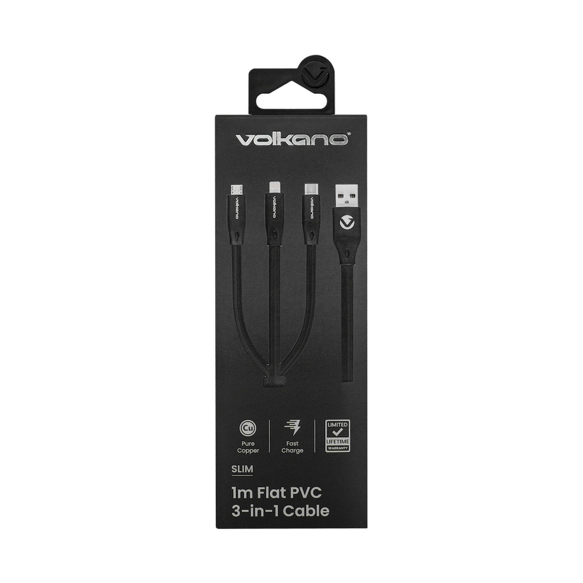 Volkano Slim Series Flat PVC 3-in-1 (Type-C / Lightning / Micro) Cable 30W 1m- Black