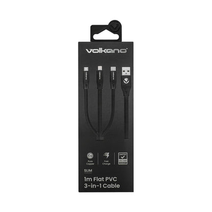 Volkano Slim Series Flat PVC 3-in-1 (Type-C / Lightning / Micro) Cable 30W 1m- Black
