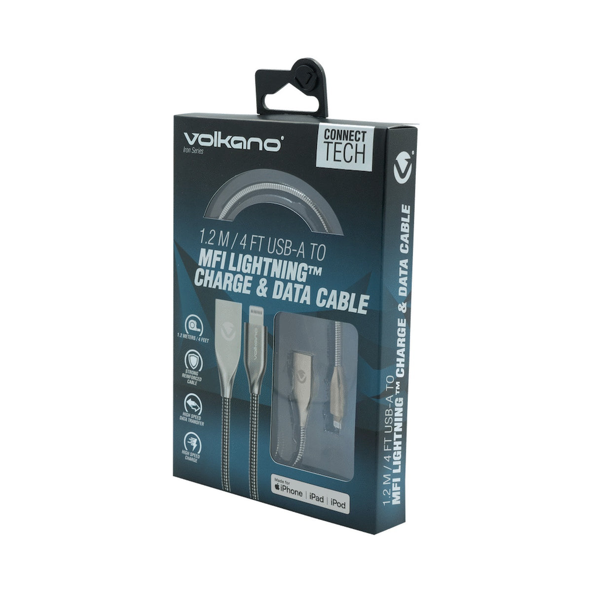 Volkano Iron Series Round Metallic Spring MFI Lightning Cable 1.2m - Silver