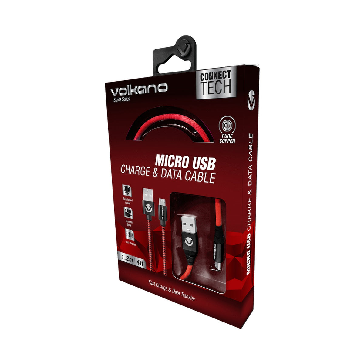 Volkano Braids Series Nylon Braided Micro USB Cable 1.2m - Black & Red
