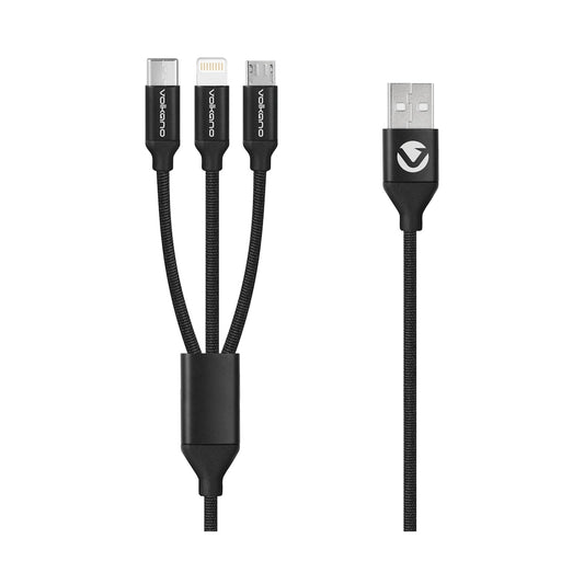 Volkano Weave Series Fabric Braided 3-in-1 (Type-C/Lightning/Micro) Cable 1m - Black