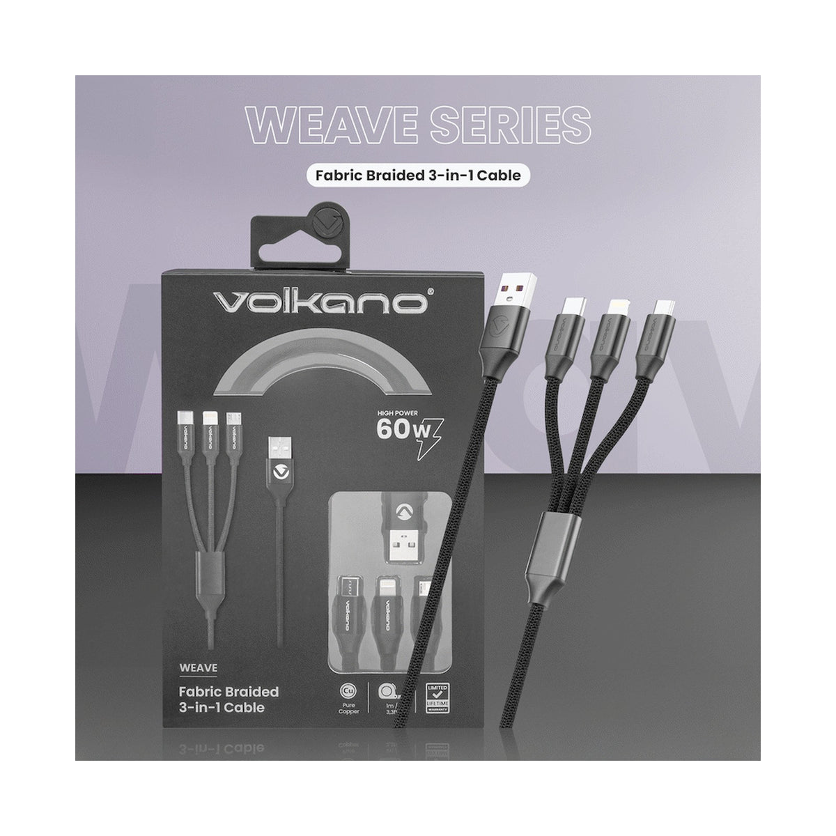 Volkano Weave Series Fabric Braided 3-in-1 (Type-C/Lightning/Micro) Cable 1m - Black