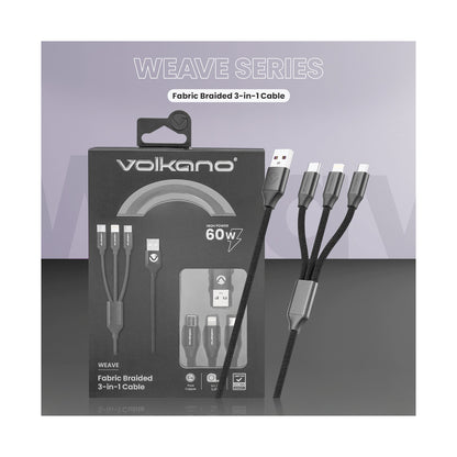 Volkano Weave Series Fabric Braided 3-in-1 (Type-C/Lightning/Micro) Cable 1m - Black