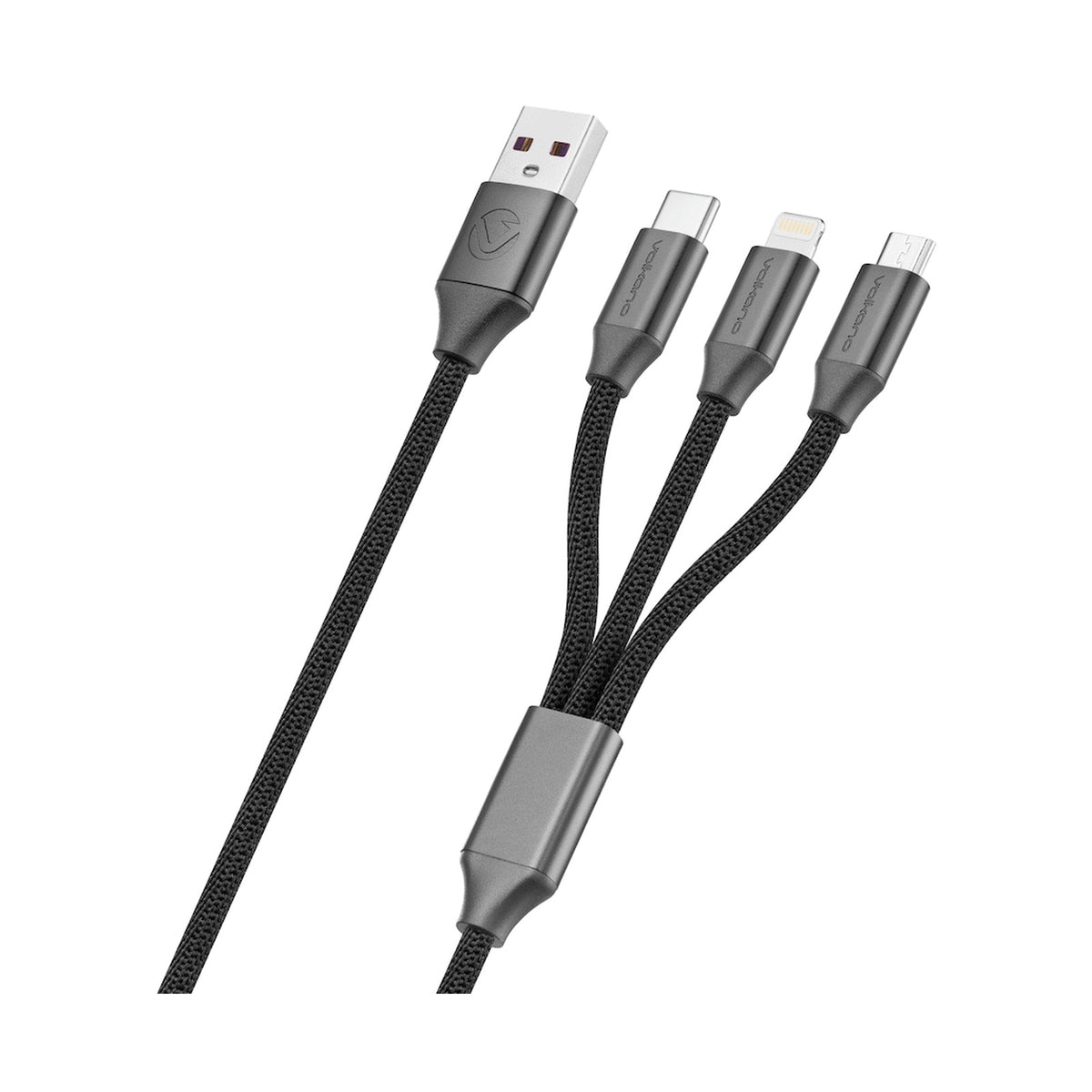 Volkano Weave Series Fabric Braided 3-in-1 (Type-C/Lightning/Micro) Cable 1m - Black