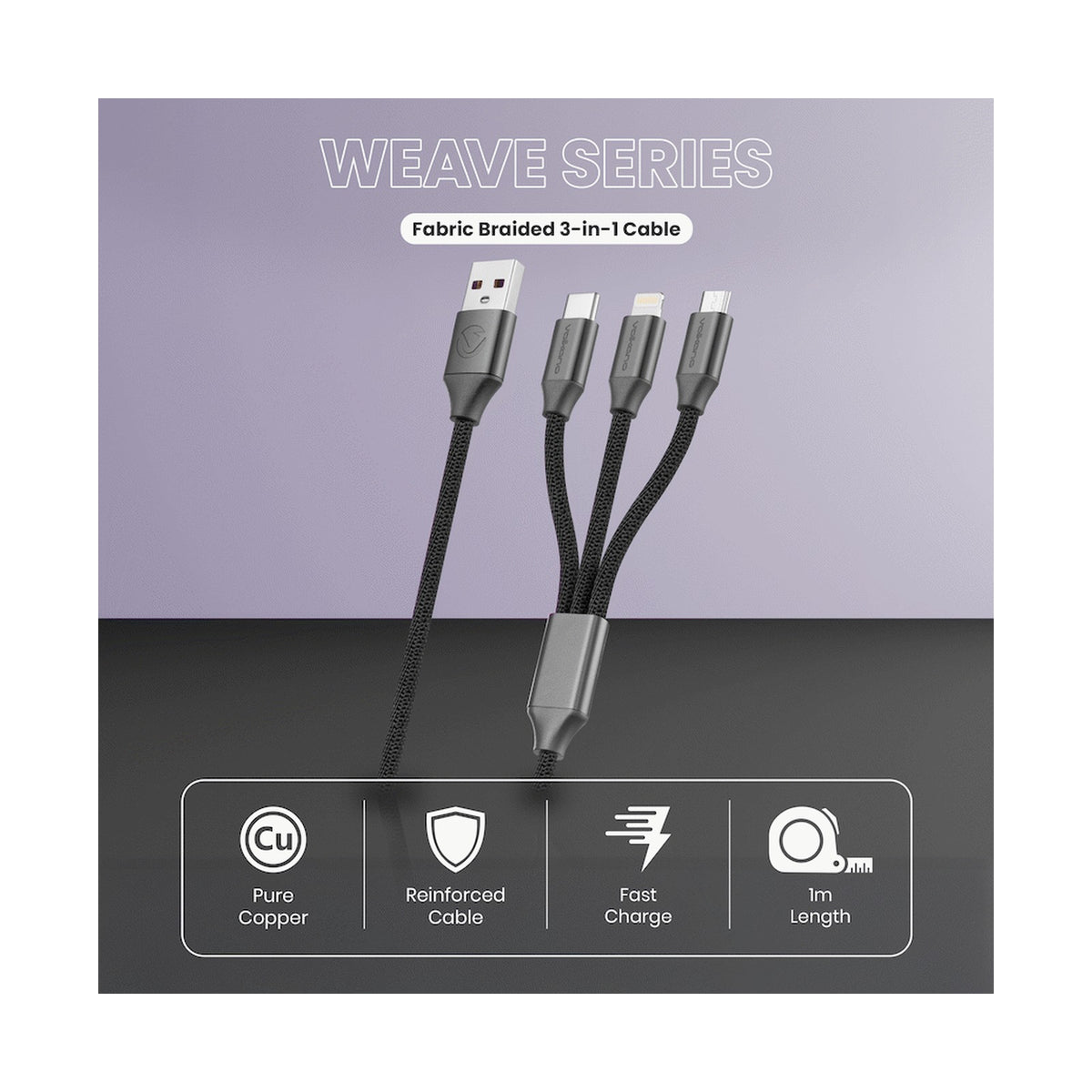 Volkano Weave Series Fabric Braided 3-in-1 (Type-C/Lightning/Micro) Cable 1m - Black