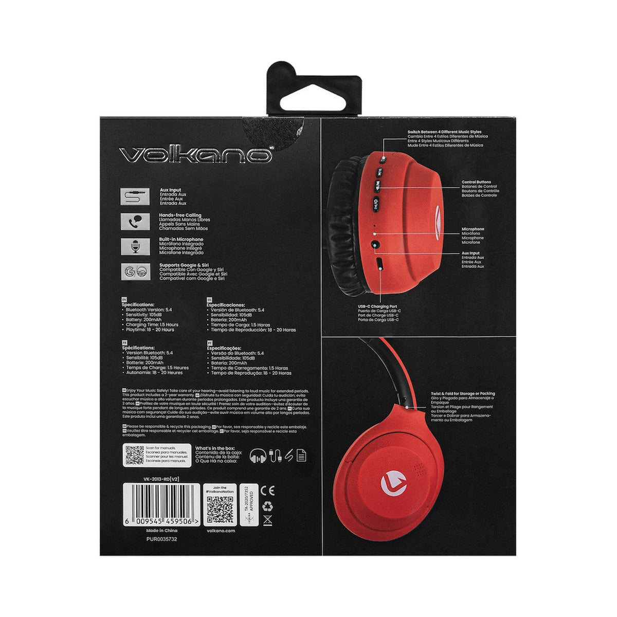Volkano Cosmic 2 Series Bluetooth Headphones - Red