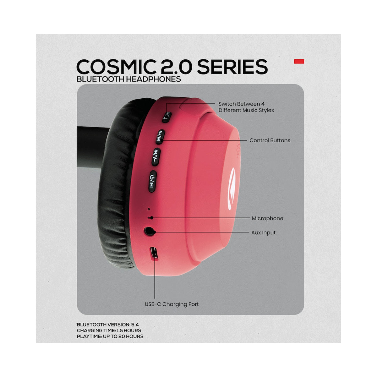 Volkano Cosmic 2 Series Bluetooth Headphones - Red