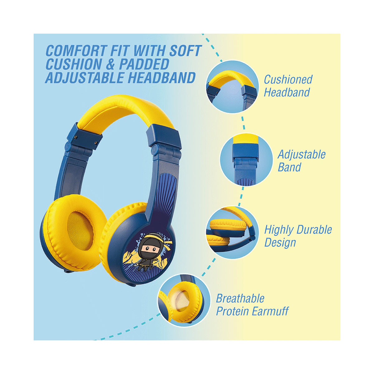 Volkano Sidekick Series Wired Kiddies Headphones with Share Port - Yellow/Blue