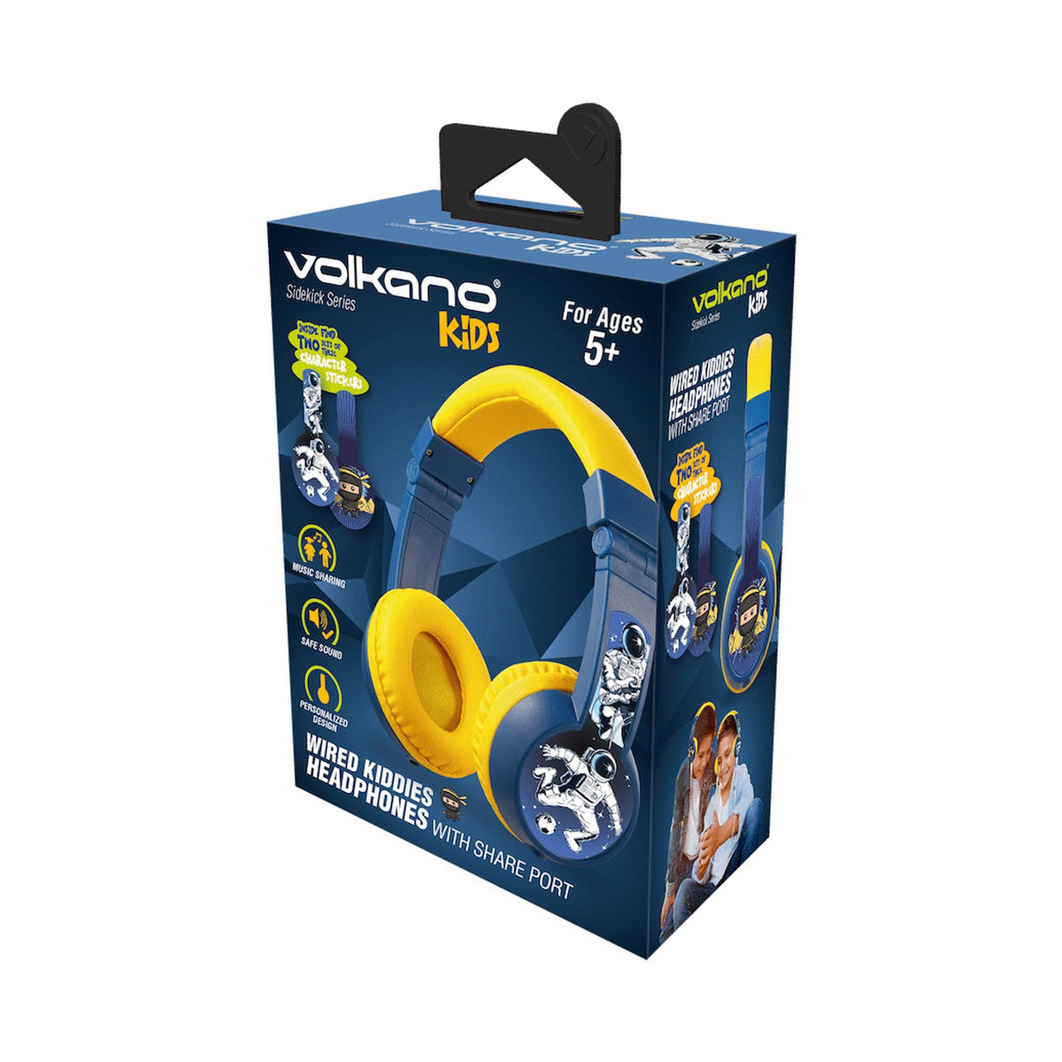 Volkano Sidekick Series Wired Kiddies Headphones with Share Port - Yellow/Blue