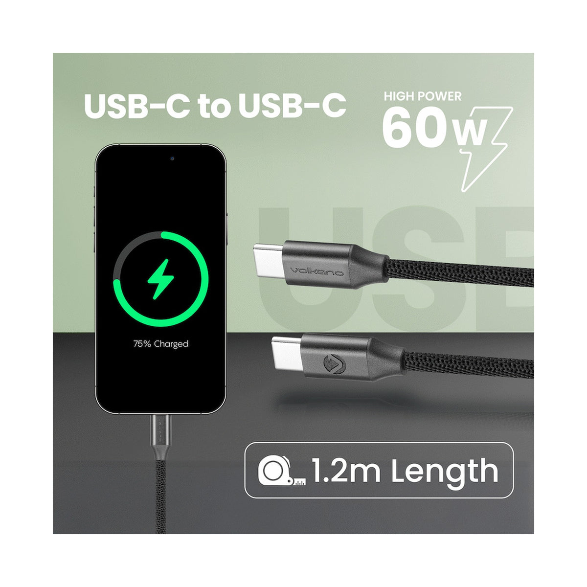 Volkano Weave Series Type-C to Type-C Cable (1.2m, 60w) - Black