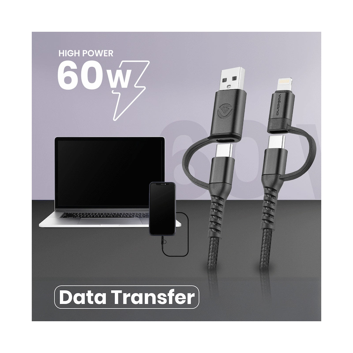 Volkano Weave Series 4-in-1 Charge & Data Cable 60w - 1.2m/4ft