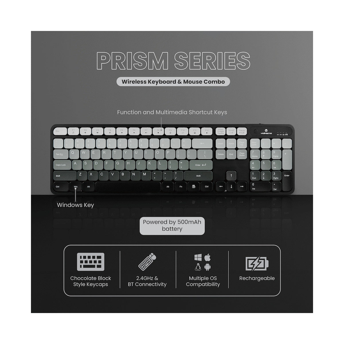 Volkano Prism Series Bluetooth Wireless Keyboard and Mouse - Grey