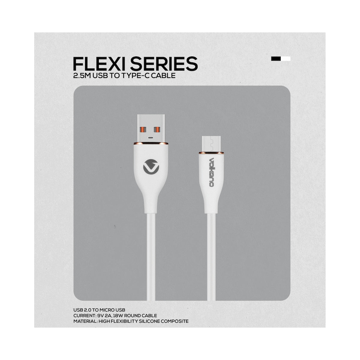 Volkano Flexi Series USB to Micro USB 2.5m 18w - White