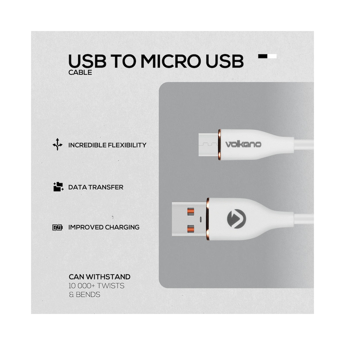 Volkano Flexi Series USB to Micro USB 2.5m 18w - White