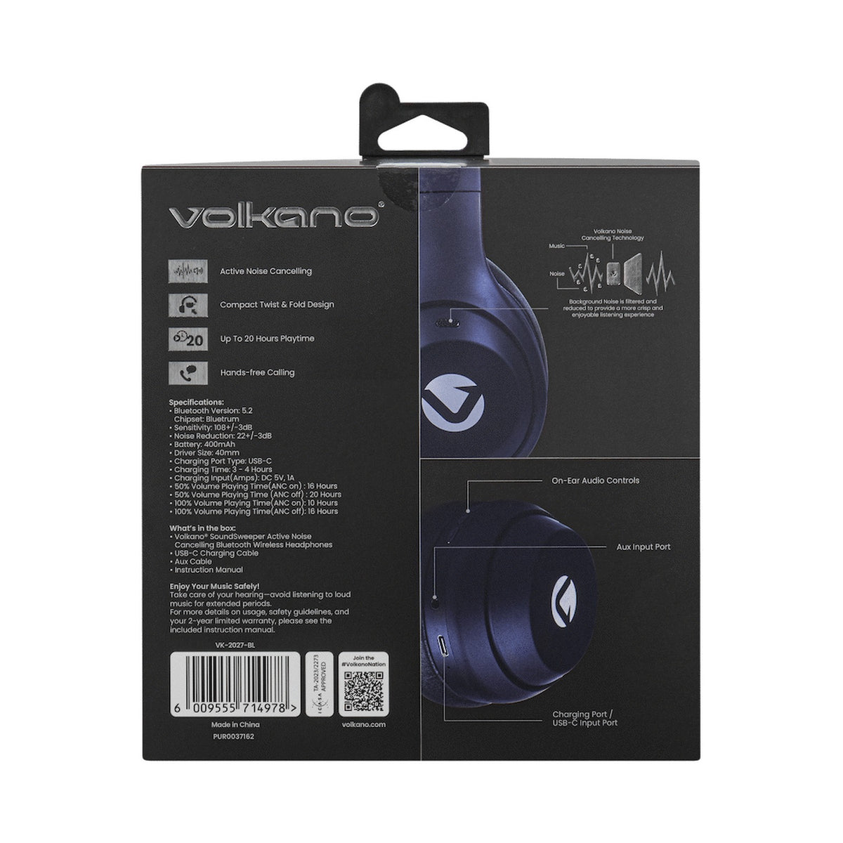 Volkano SoundSweeper Series Active Noise Cancelling bluetooth Headphones - Blue