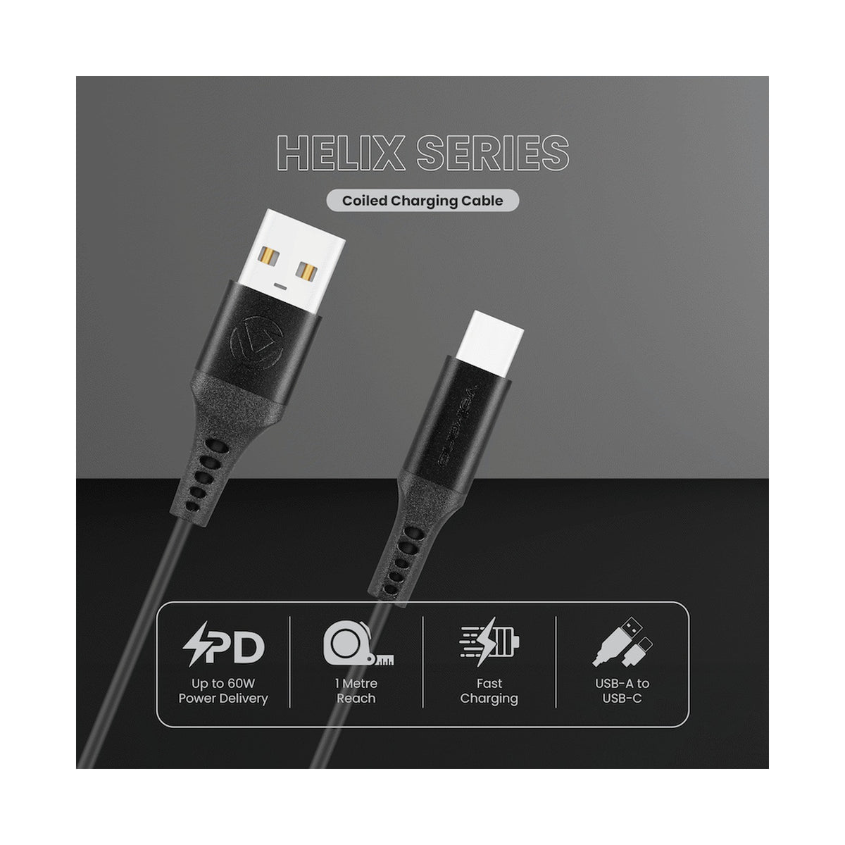 Volkano Helix Series Coiled 1m Charging Cable USB-A To USB-C 60W - Black