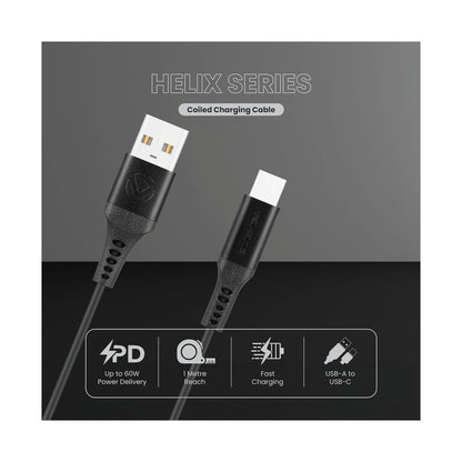Volkano Helix Series Coiled 1m Charging Cable USB-A To USB-C 60W - Black
