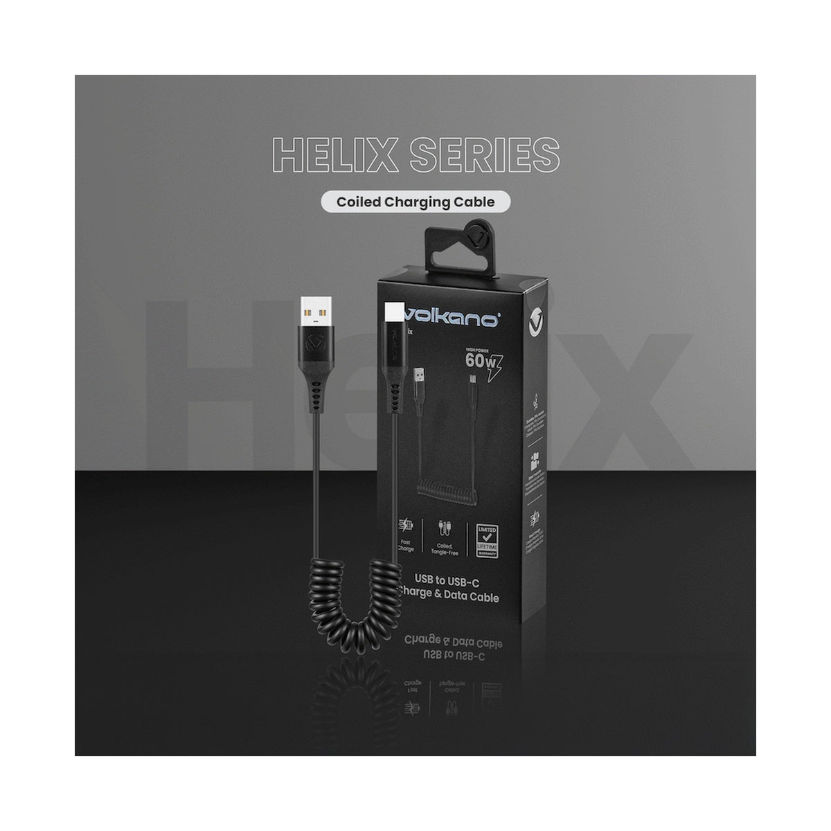 Volkano Helix Series Coiled 1m Charging Cable USB-A To USB-C 60W - Black