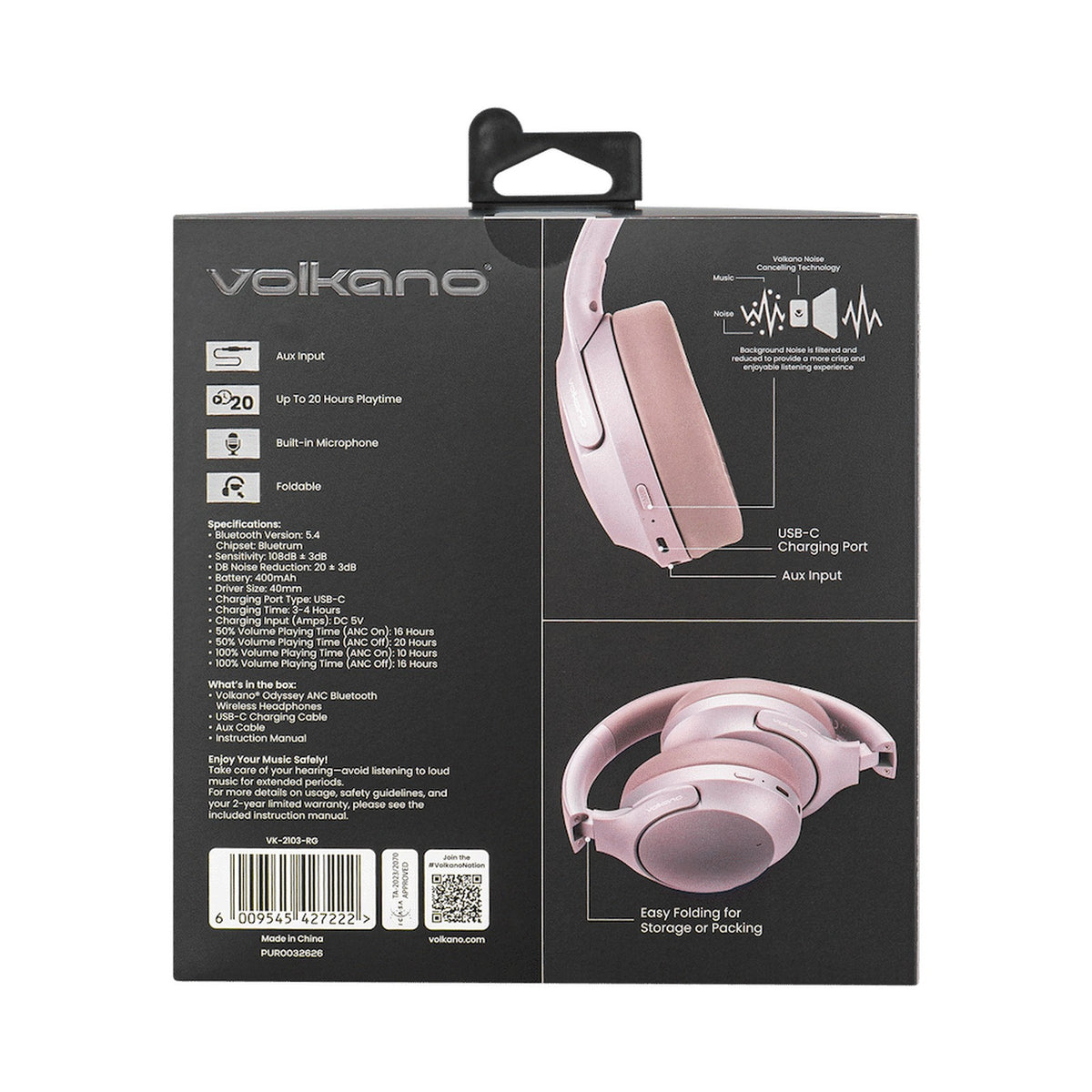 Volkano Odyssey ANC Bluetooth Wireless Headphone - Rose Gold