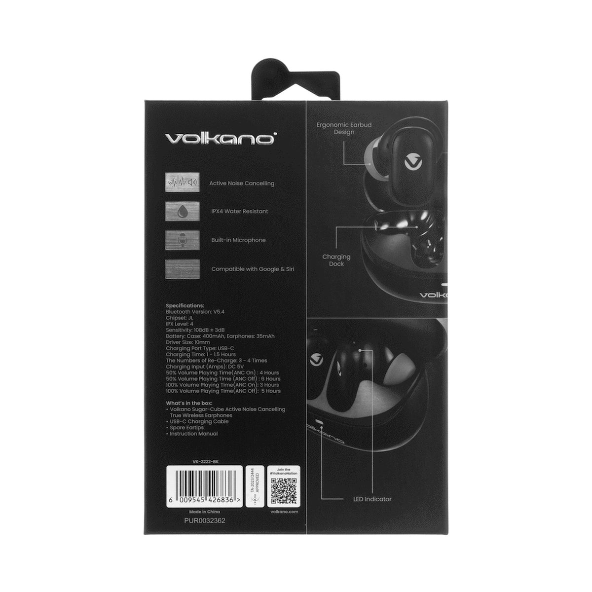 Volkano Sugar-Cube Active Noise Cancelling True Wireless Earphones - Black