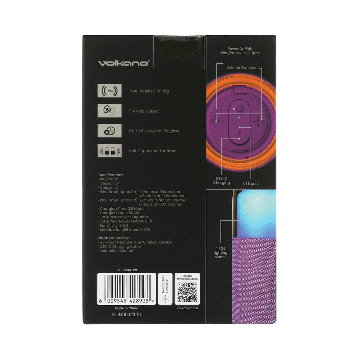 Volkano Neptune Bluetooth Wireless Speaker - Purple