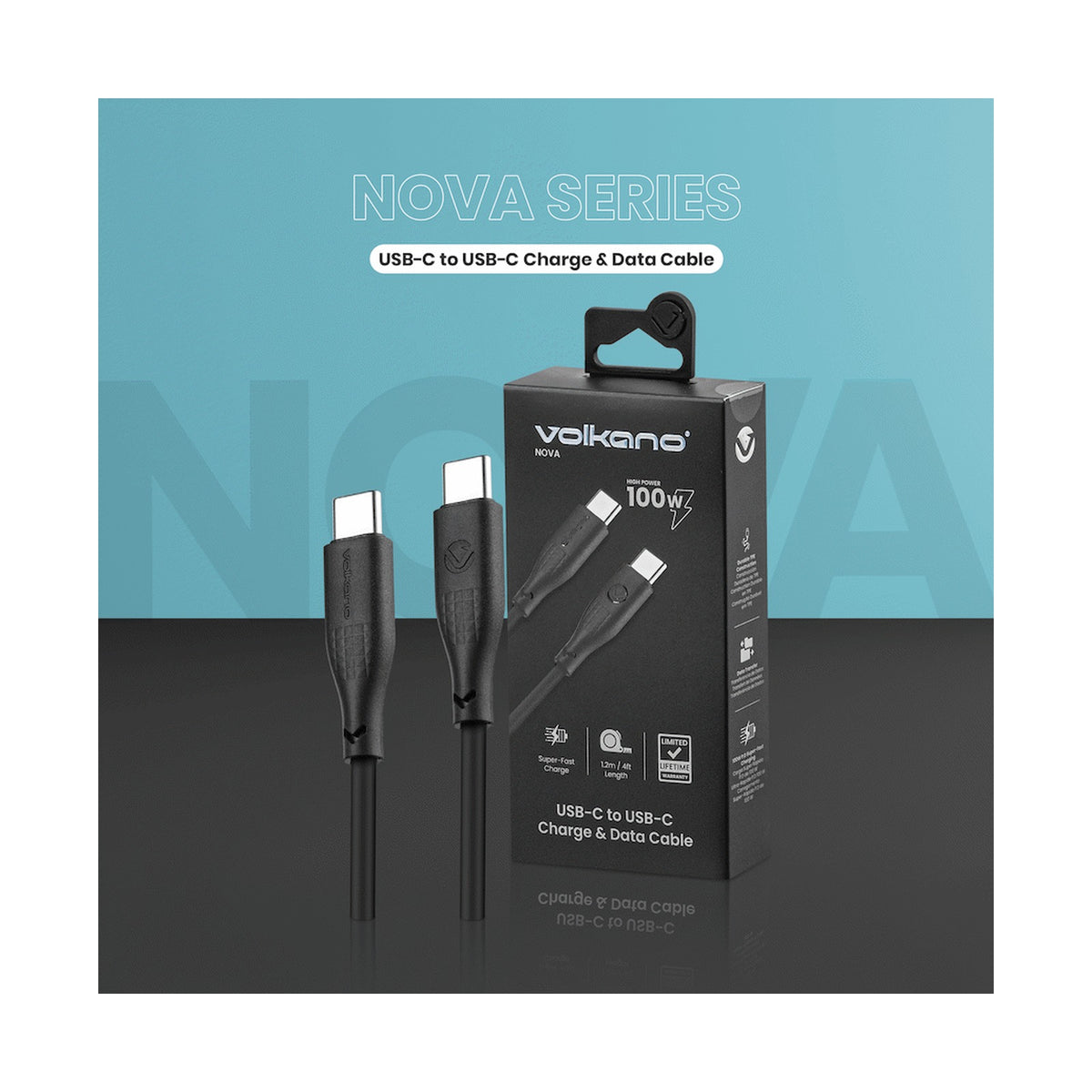 Volkano Nova Series USB C to USB C 100W 1.2m TPE cable-Black