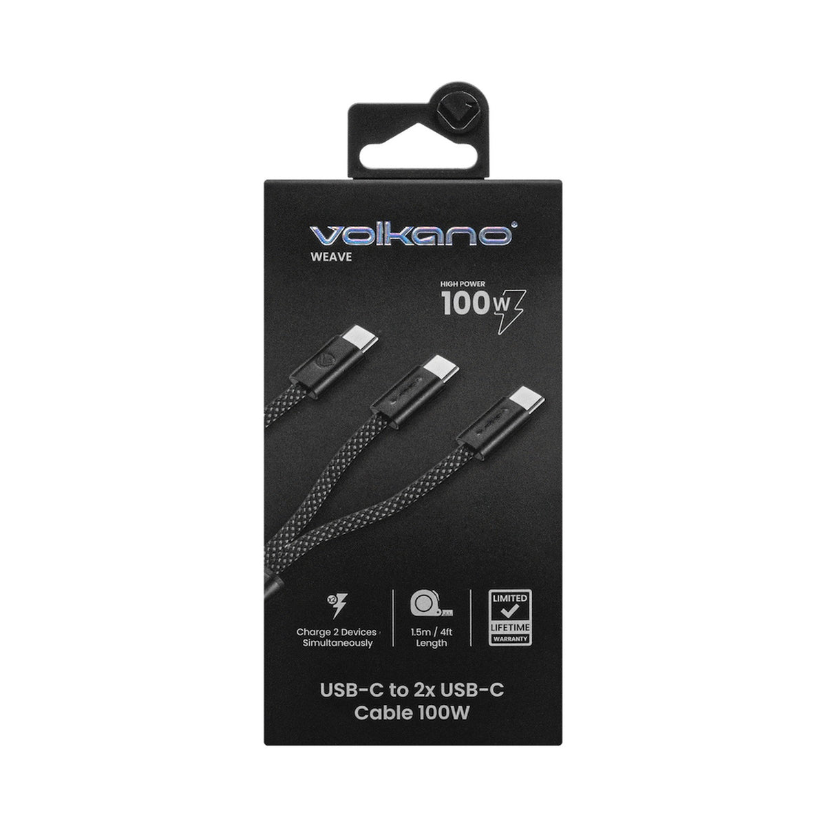 Volkano Weave Series USB C to 2 USB C 100W 1.5m