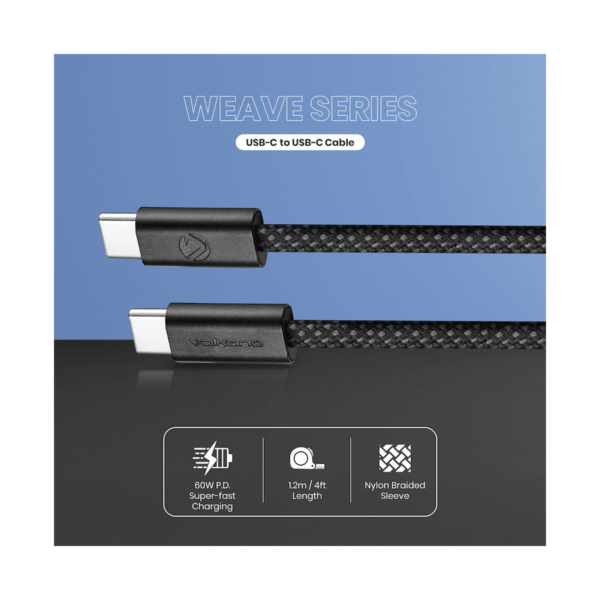 Volkano Weave Series 60w USB C to USB C 1.2m-Black