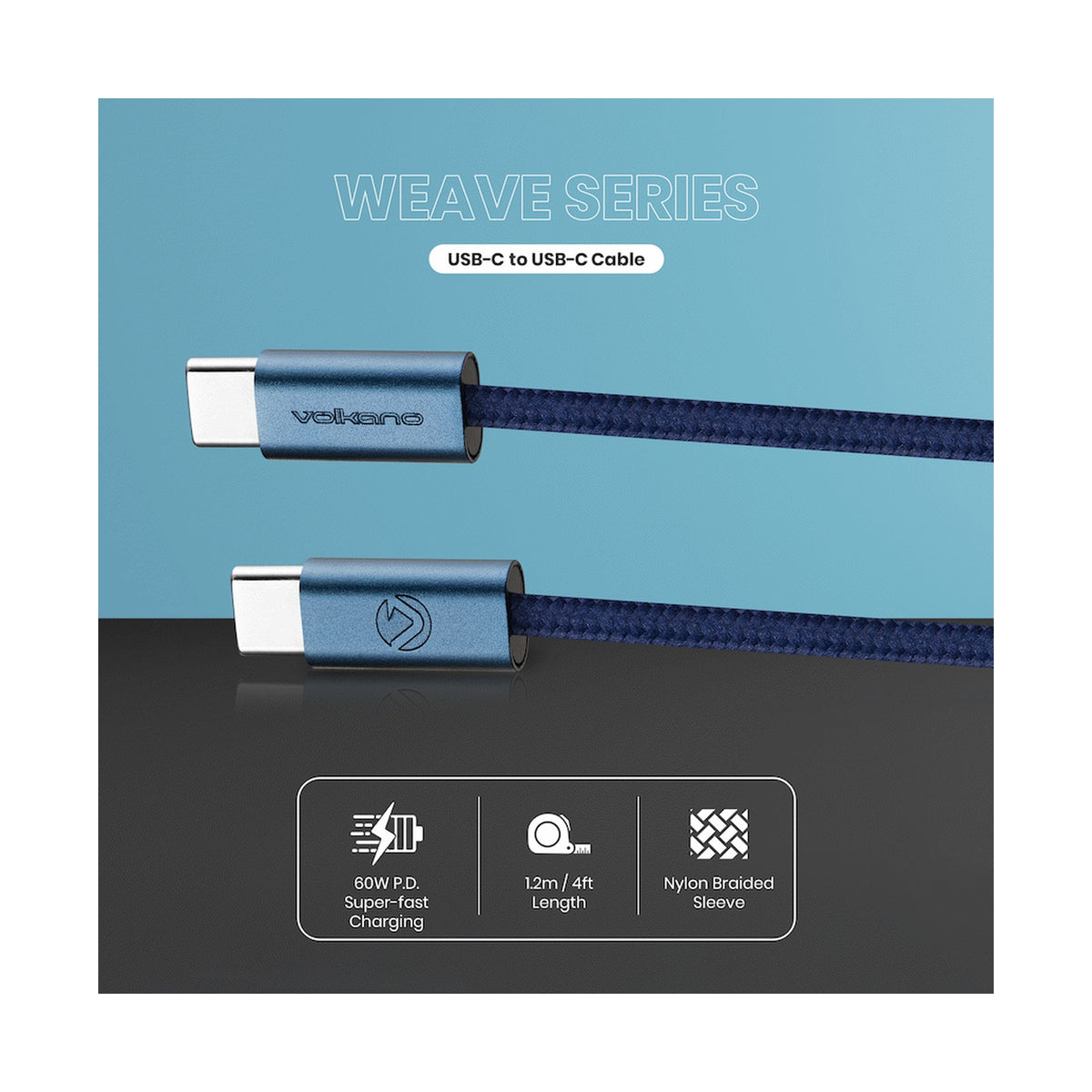 Volkano Weave Series 60w USB C to USB C 1.2m-Blue