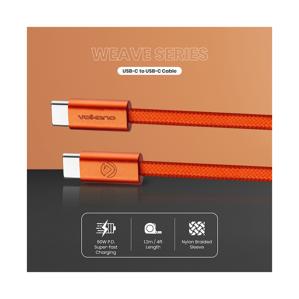 Volkano Weave Series 60w USB C to USB C 1.2m-Orange