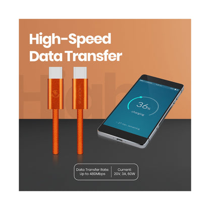 Volkano Weave Series 60w USB C to USB C 1.2m-Orange