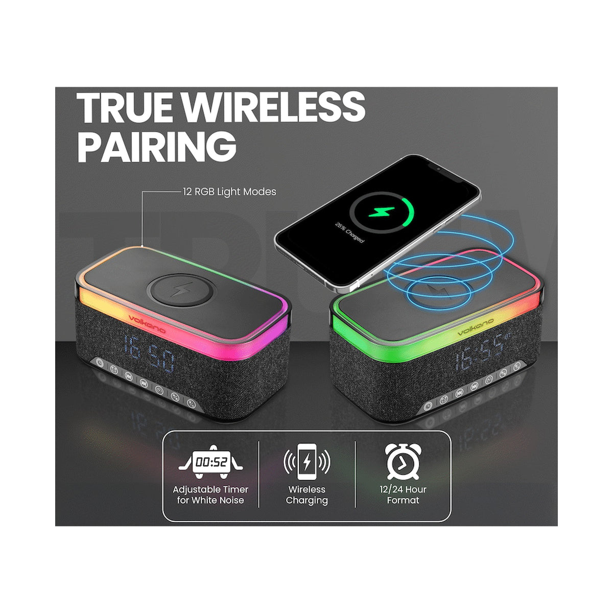 Volkano Radiant 2 Alarm Clock with Wireless Charging and Speaker - Black