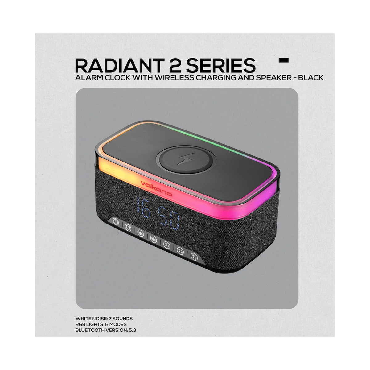Volkano Radiant 2 Alarm Clock with Wireless Charging and Speaker - Black